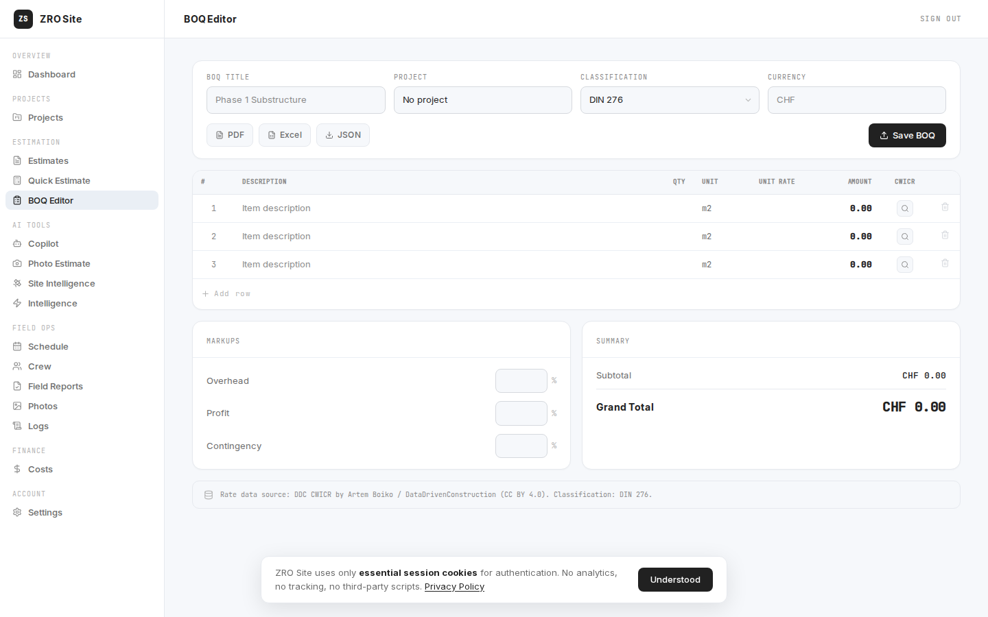 ZRO Site BOQ editor showing CWICR cost positions