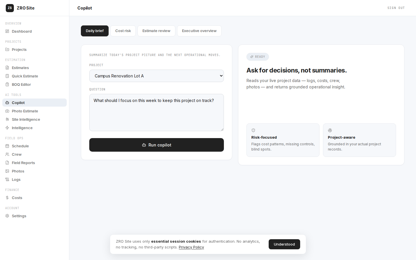 ZRO Site AI copilot — cost risk analysis in sovereign mode