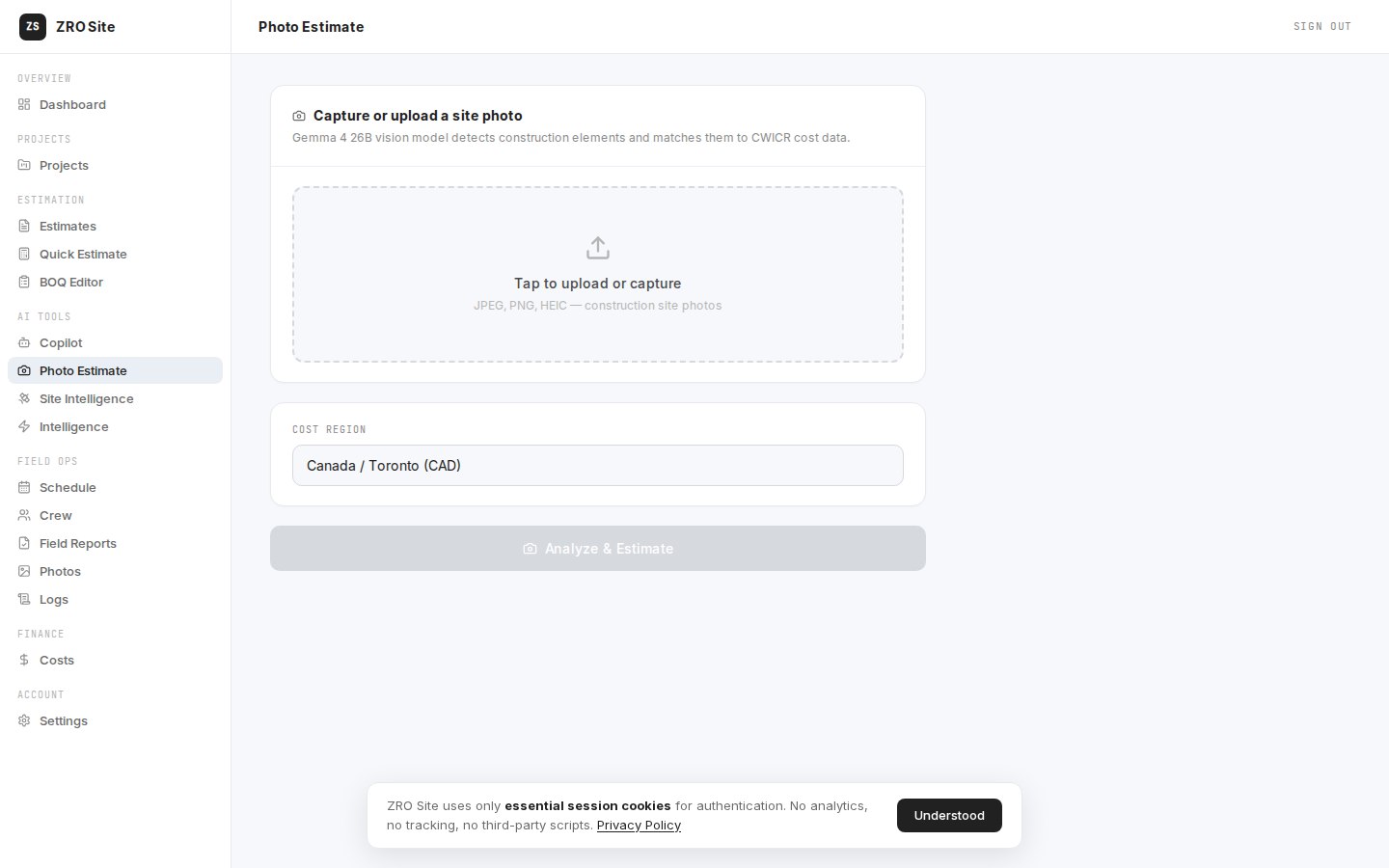 ZRO Site photo-to-estimate — AI material detection from site photo